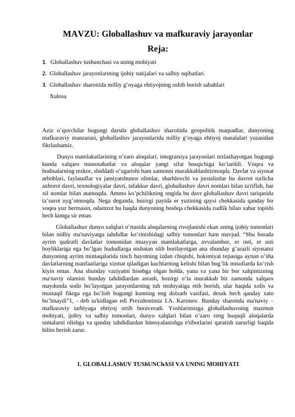 Globallashuv va mafkuraviy jarayonlar