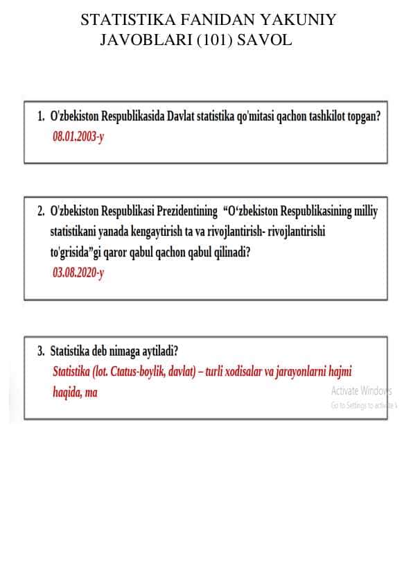 STATISTIKA FANIDAN YAKUNIY JAVOBLARI (101) SAVOL