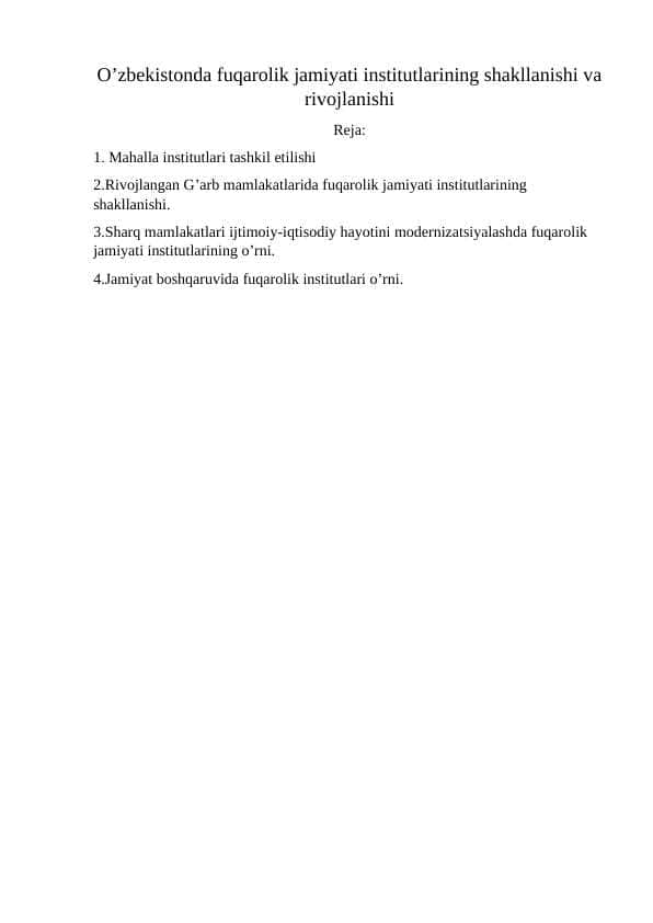 O’zbekistonda fuqarolik jamiyati institutlarining shakllanishi va rivojlanishi