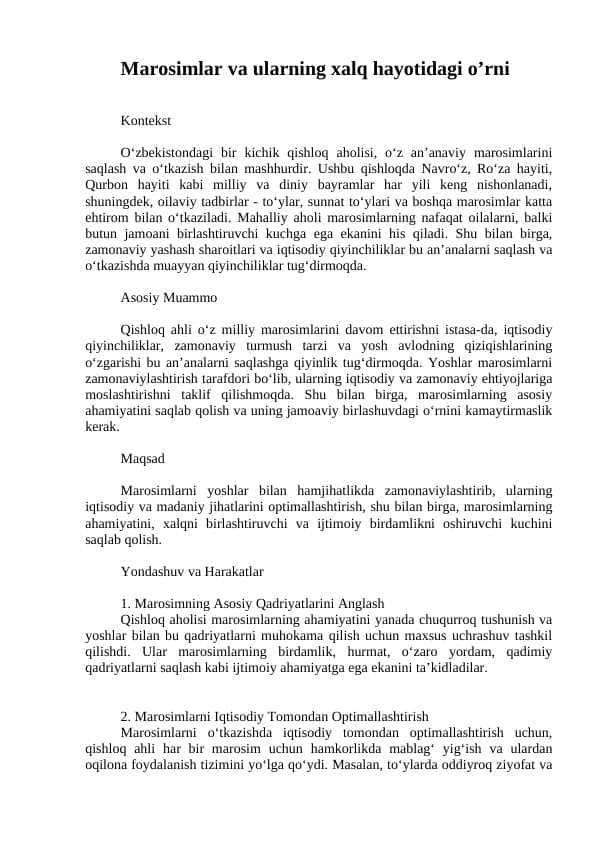 Marosimlar va ularning xalq hayotidagi o’rni