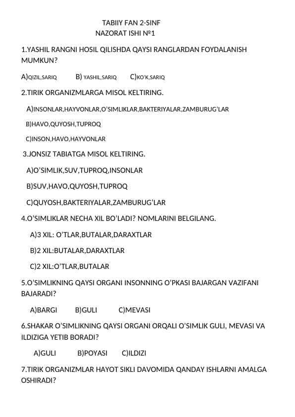 Tabiiy fanlar 2-sinf