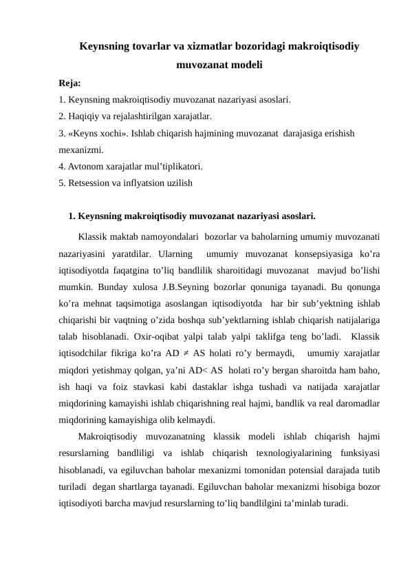 Keynsning tovarlar va xizmatlar bozoridagi makroiqtisodiy muvozanat modeli