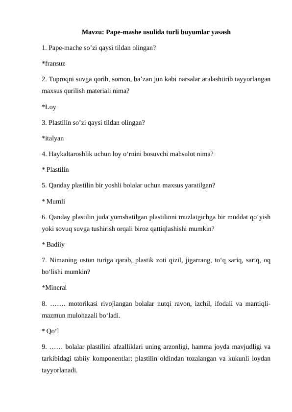 Pape-mashe usulida turli buyumlar yasash krossvord