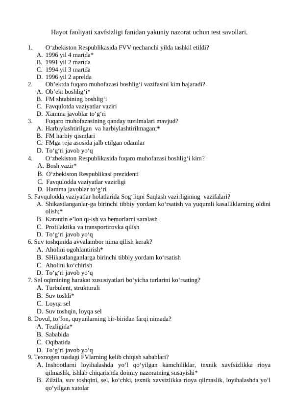 Hayot faoliyati xavfsizligi fanidan yakuniy nazorat uchun test savolari javoblari bilan
