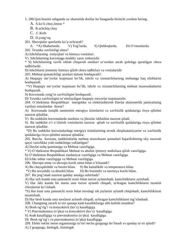 Hayot faoliyati xavfsizligi fanidan yakuniy nazorat uchun test savollari javoblari bilan