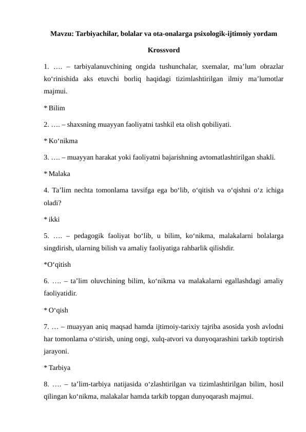 Tarbiyachilar, bolalar va ota-onalarga psixologik-ijtimoiy yordam krossvord