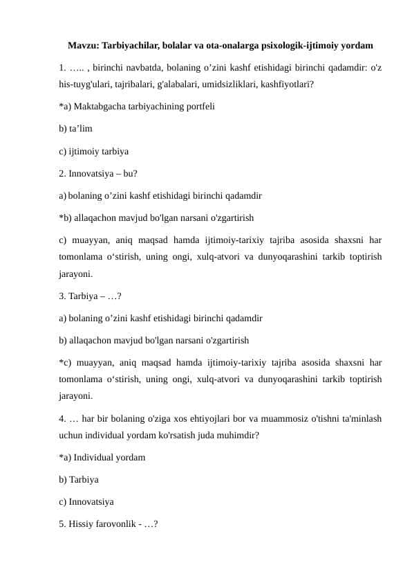 Tarbiyachilar, bolalar va ota-onalarga psixologik-ijtimoiy yordam test