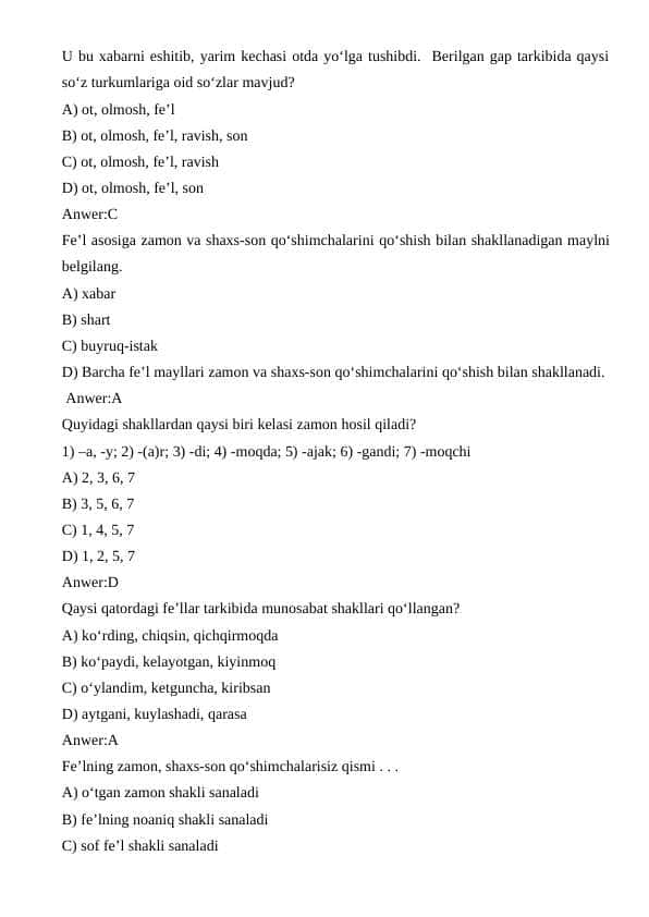 ona tili fanidan test javoblari bilan