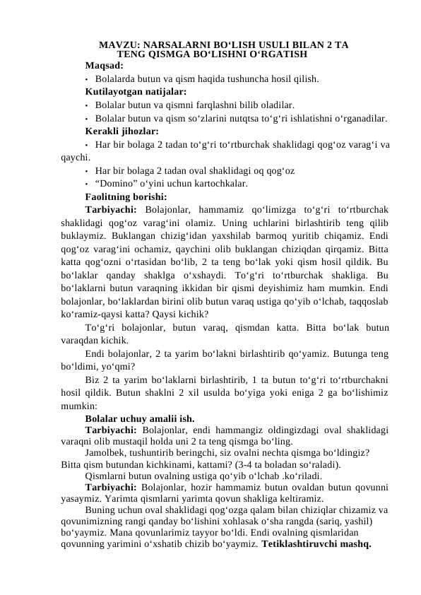 NARSALARNI BO‘LISH USULI BILAN 2 TA TENG QISMGA BO‘LISHNI O‘RGATISH