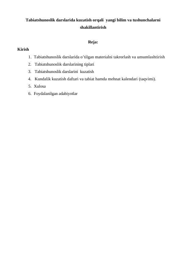 Tabiatshunoslik darslarida kuzatish orqali yangi bilim va tushunchalarni shakillantirish