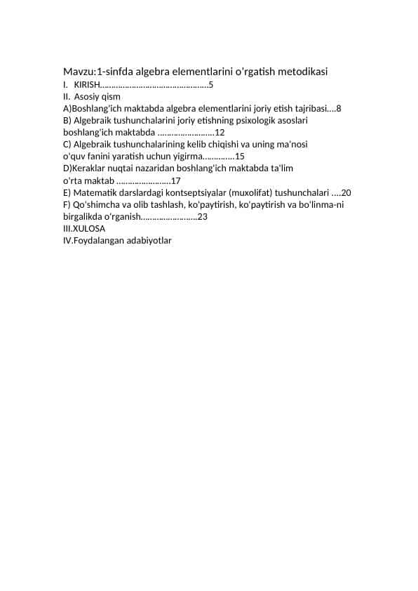 1-sinfda algebra elementlarini oʻrgatish metodikasi