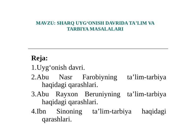 SHARQ UYG‘ONISH DAVRIDA TA’LIM VA TARBIYA MASALALARI