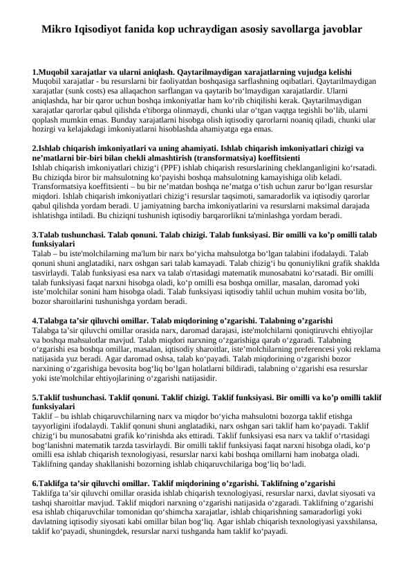 Mikroiqtisodiyot yakuniy javoblar
