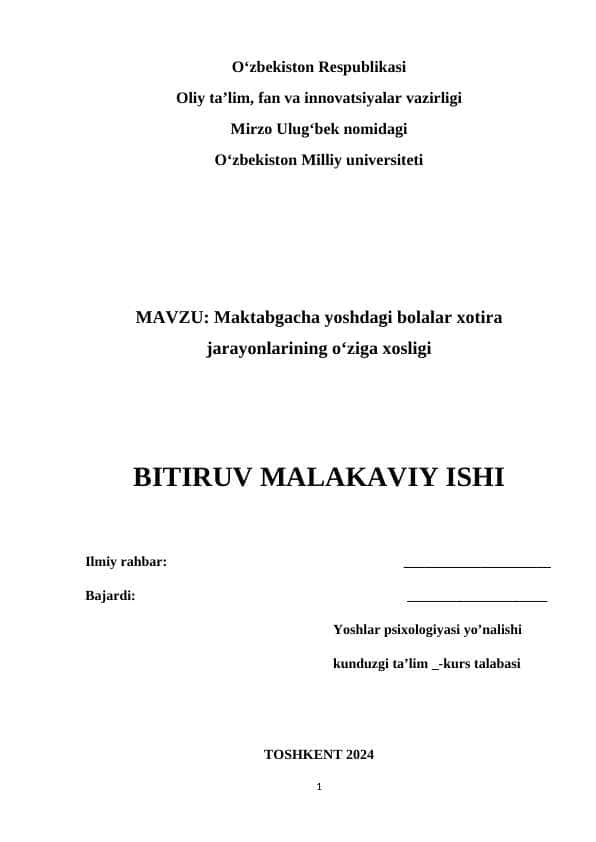 Maktabgacha yoshdagi bolalar xotira jarayonlarining o‘ziga xosligi