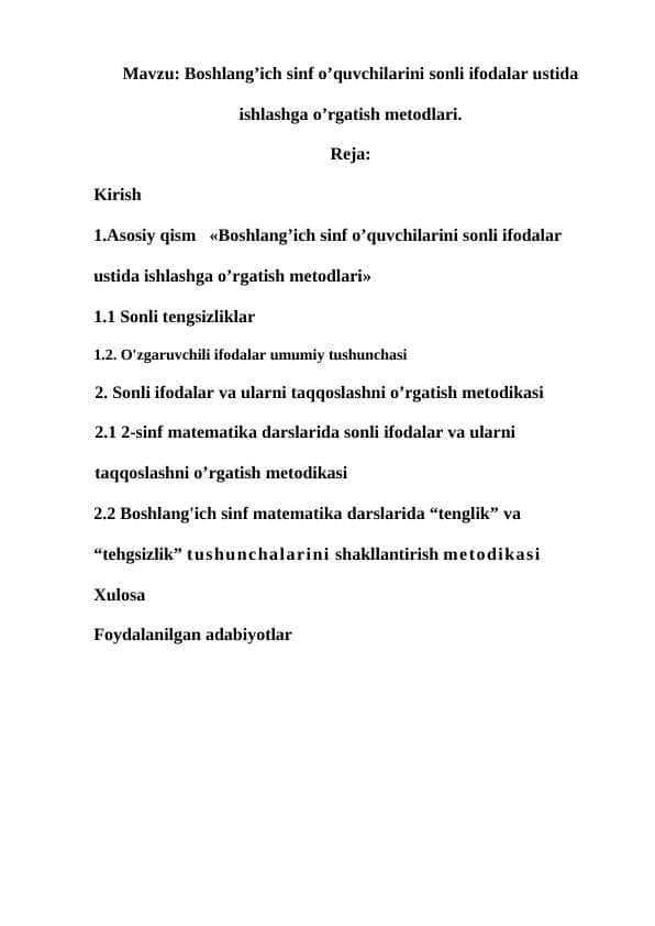 Boshlang’ich sinf o’quvchilarini sonli ifodalar ustida ishlashga o’rgatish metodlari.