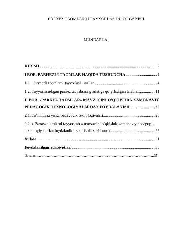 PARXEZ TAOMLARNI TAYYORLASHNI O'RGANISH
