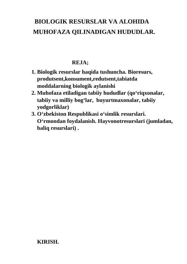 BIOLOGIK RESURSLAR VA ALOHIDA MUHOFAZA QILINADIGAN HUDUDLAR.
