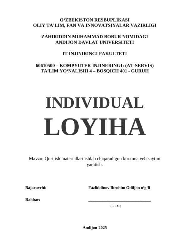 TAYYOR ISH | INDIVIDUAL LOYIHA - Qurilish materiallari ishlab chiqaradigon korxona veb saytini yaratish