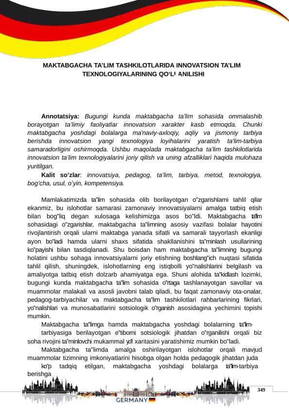 MAKTABGACHA TA’LIM TASHKILOTLARIDA INNOVATSION TA’LIM TEXNOLOGIYALARINING QO‘LLANILISHI