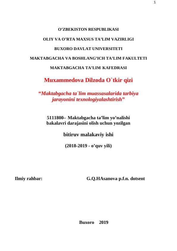 Maktabgacha ta`lim muassasalarida tarbiya jarayonini texnologiyalashtirish”