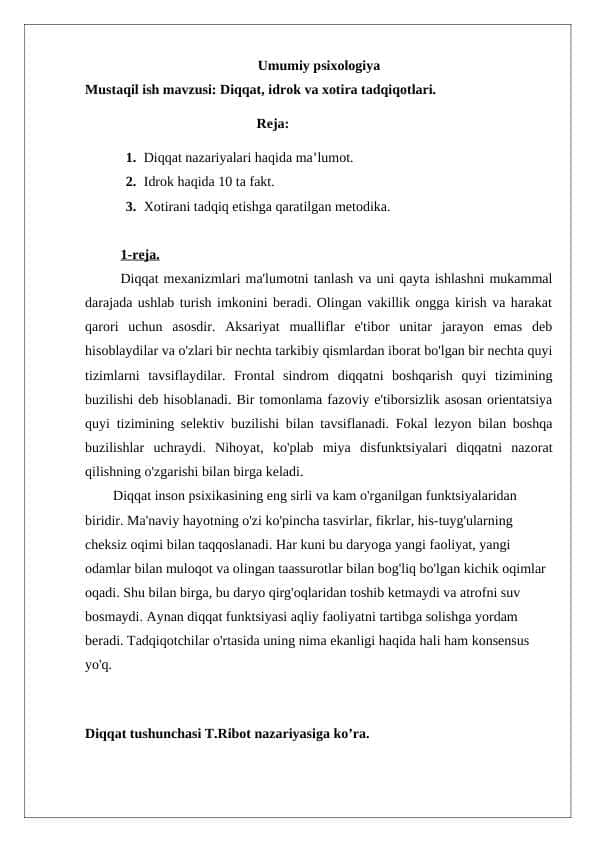Umumiy psixologiya topshiriqlari