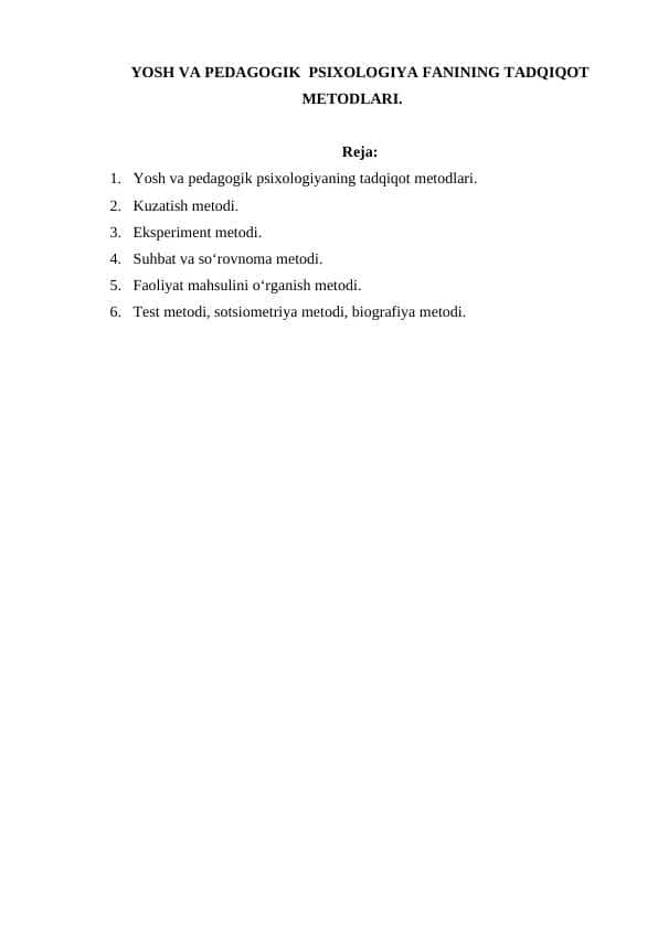 YOSH VA PEDAGOGIK PSIXOLOGIYA FANINING TADQIQOT METODLARI
