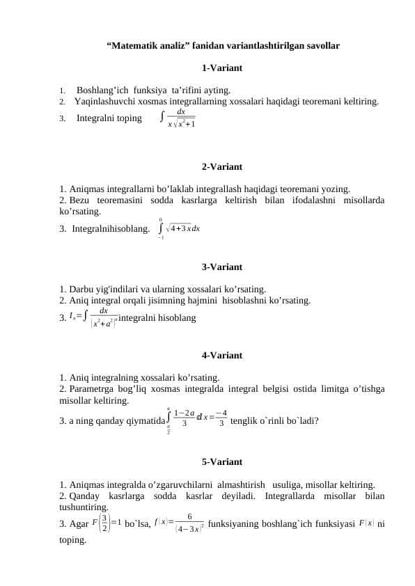 Matematik analiz fanidan variantlashtirilgan savollar