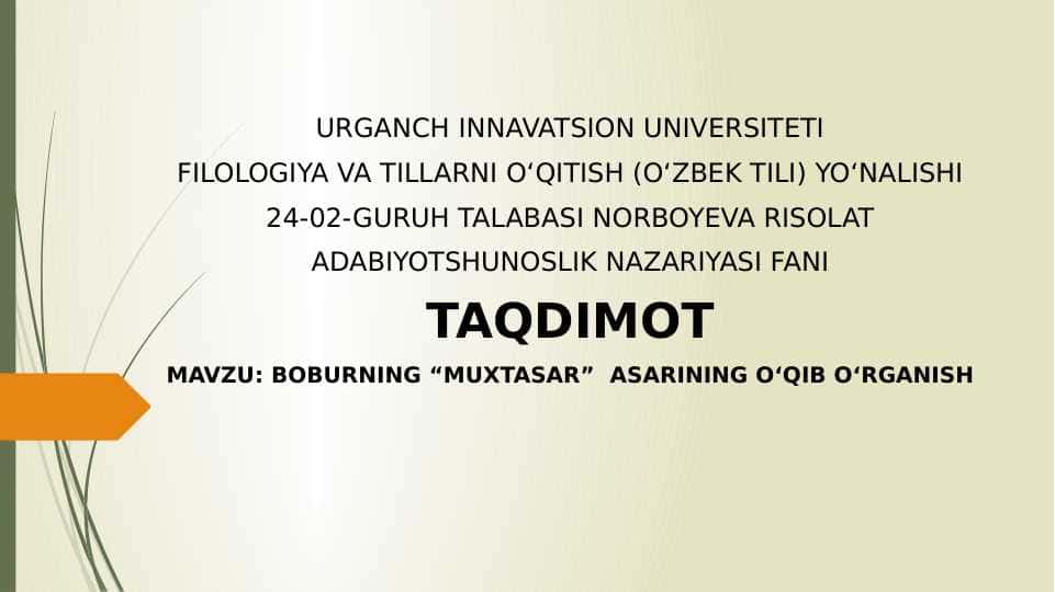 BOBURNING “MUXTASAR” ASARINING O‘QIB O‘RGANISH