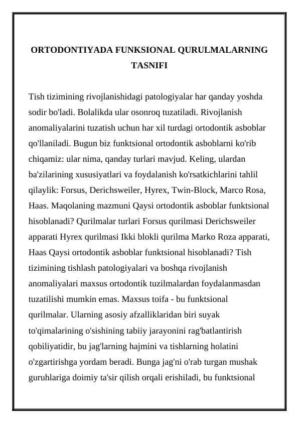 ORTODONTIYADA FUNKSIONAL QURULMALARNING TASNIFI