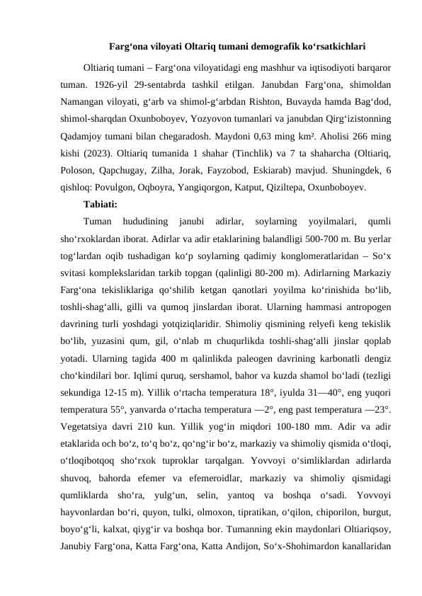 Oltariq tumani demografik ko‘rsatkichlari