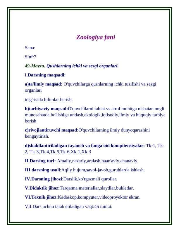 Qushlarning ichki va sezgi organlari.