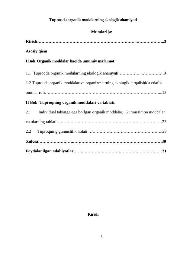 Tuproqda organik modalarning ekologik ahamiyati