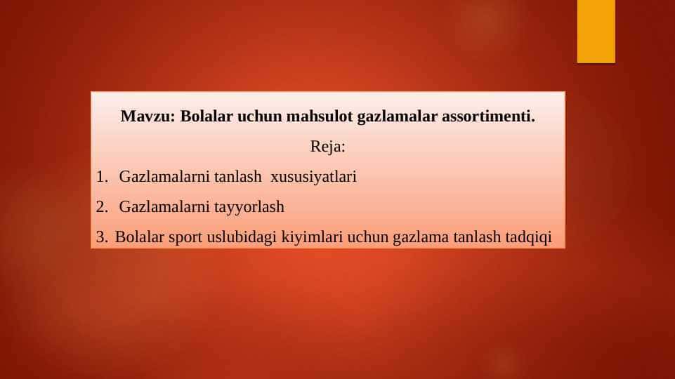 Bolalar uchun mahsulot gazlamalar assortimenti
