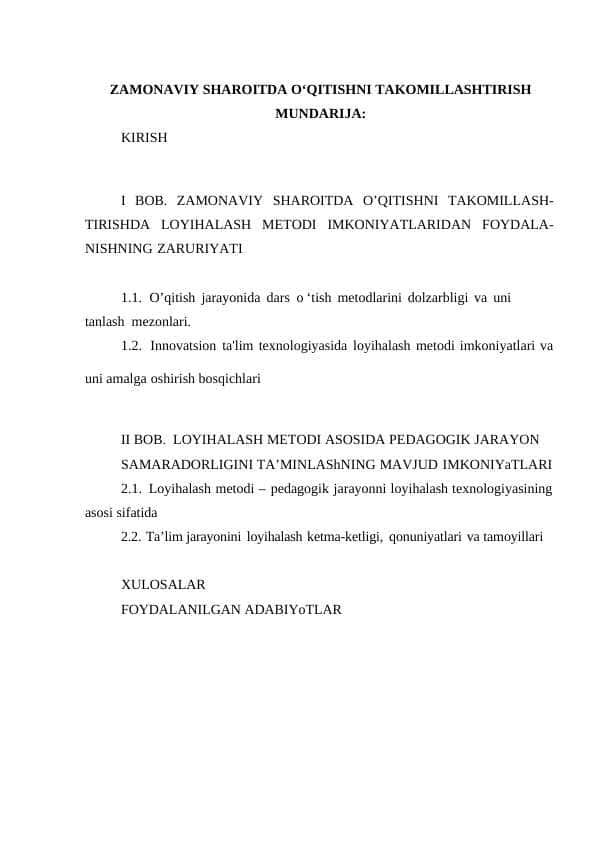ZAMONAVIY SHAROITDA O‘QITISHNI TAKOMILLASHTIRISH