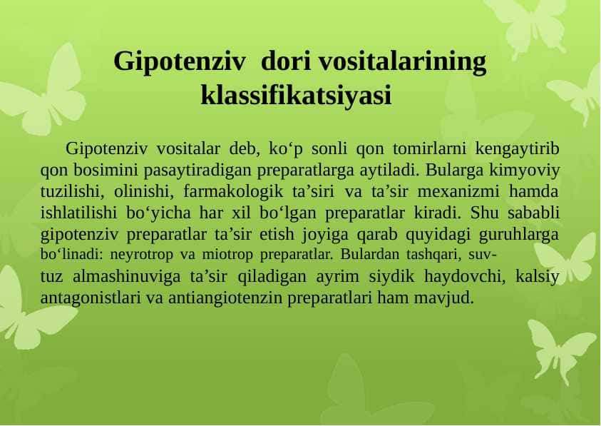 Gipotenziv dori vositalarining klassifikatsiyasi