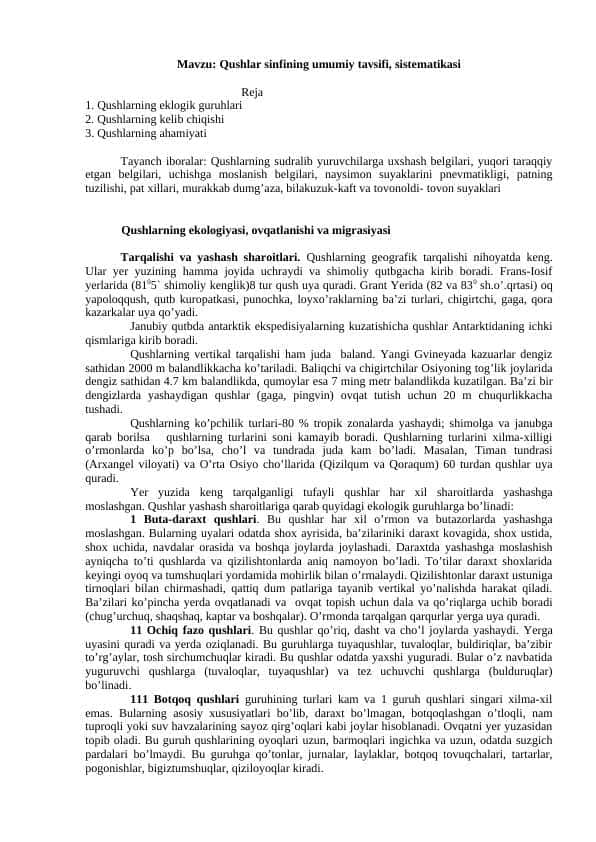 Qushlar sinfining umumiy tavsifi, sistematikasi