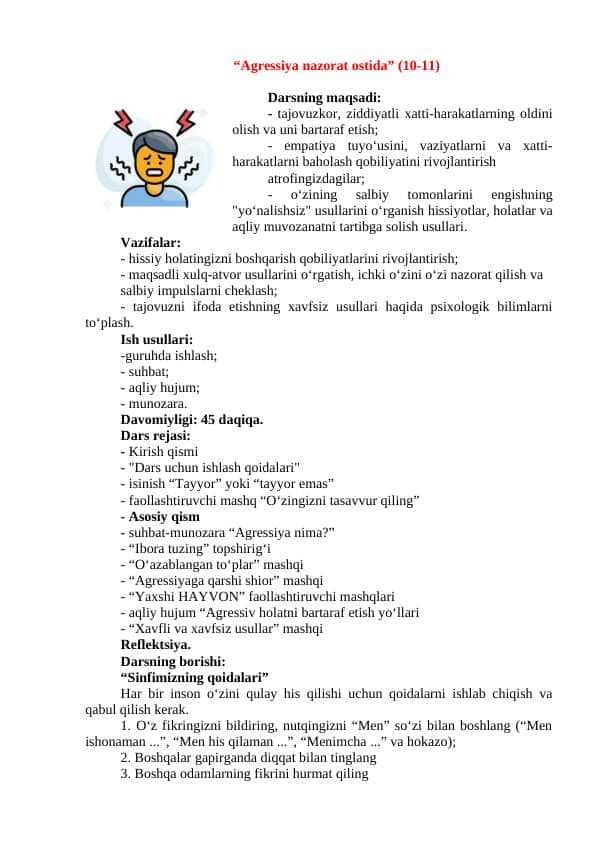 "Agressiya nazorat ostida" Amaliy mashg'ulot