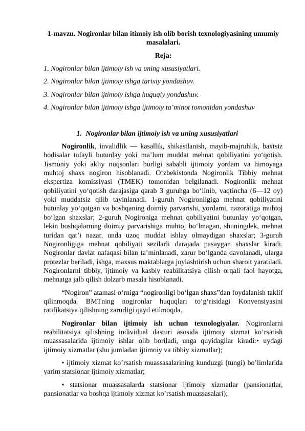 Nogironlar bilan ijtimoiy ish va uning xususiyatlari