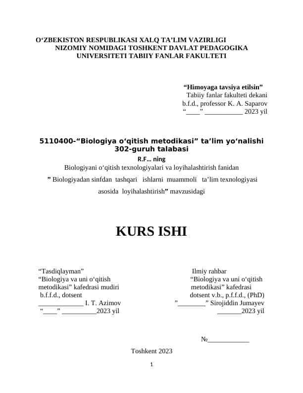 Biologiyadan sinfdan tashqari ishlarni muammoli ta’lim texnologiyasi asosida loyihalashtirish