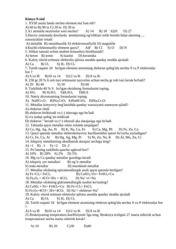 9-sinf.kimyo test