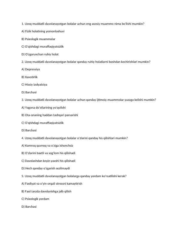 Inklyuziv fan yuzasidan testlar javobi bilan