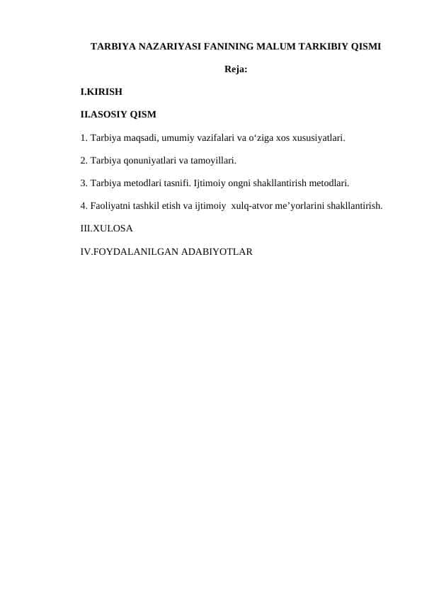 TARBIYA NAZARIYASI FANINING MALUM TARKIBIY QISMI
