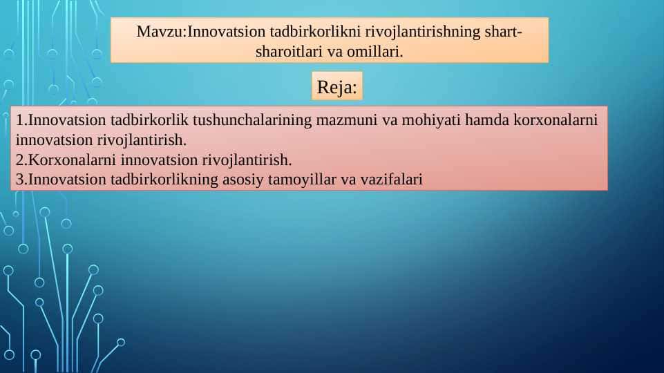 Innovatsion tadbirkorlikni rivojlantirishning shart-sharoitlari va omillari.