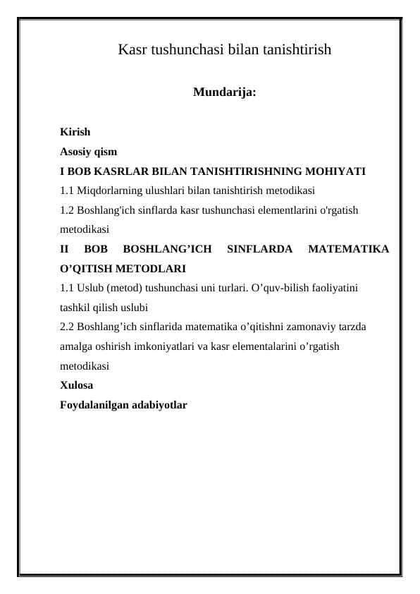 Kasr tushunchasi bilan tanishtirish