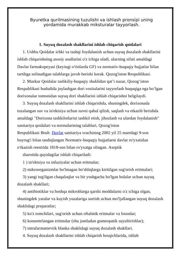 Byuretka qurilmasining tuzulishi va ishlash pronsipi uning yordamida murakkab miksturalar tayyorlash.