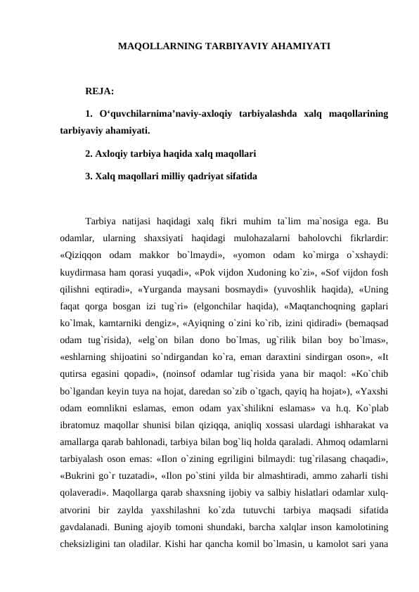 Maqollarning tarbiyaviy ahamiyati