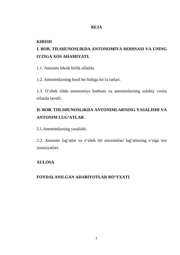 O‘zbek tilida antonimiya hodisasining ifodalanishi kurs ishi