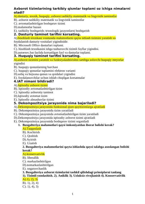 Informatika test javoblari bilan
