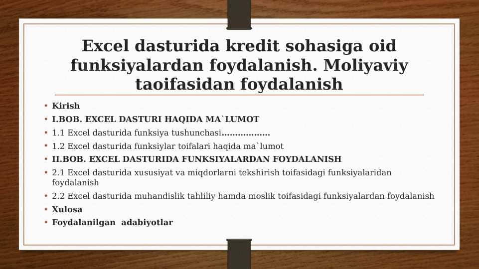 Excel dasturida kredit sohasiga oid funksiyalardan foydalanish. Moliyaviy taoifasidan foydalanish