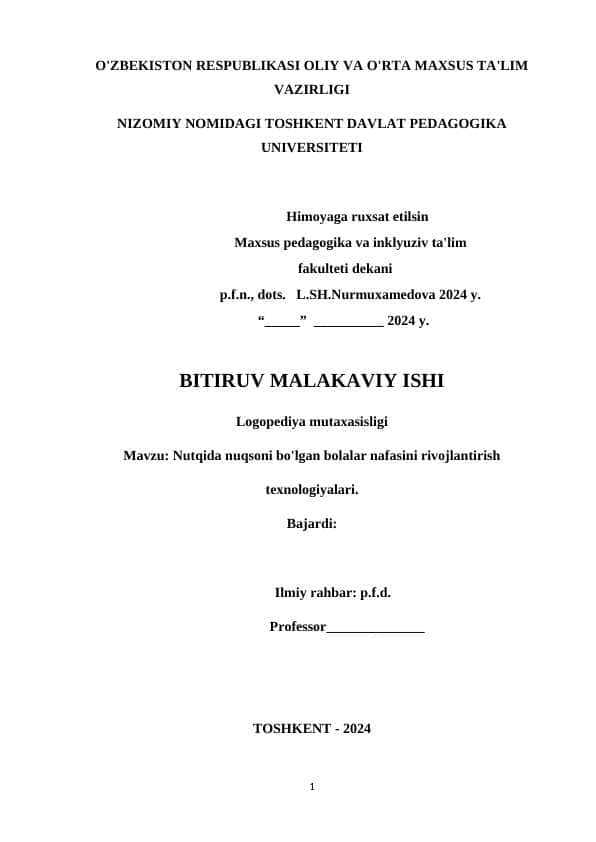 Nutqida nuqsoni bo'lgan bolalar nafasini rivojlantirish texnologiyalari